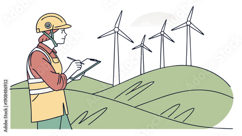 Female Engineer Surveying Wind Farm in Green Rolling Hills with Clipboard, Line Art Illustration, safety helmet and vest writing on a clipboard. She is standing on green rolling hills