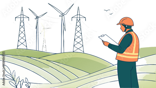 Male Technician with Clipboard Inspecting Power Pylons and Wind Turbines on Green Hill, Line Art Illustration, hard hat and orange safety vest holding a clipboard. He is standing on green hills