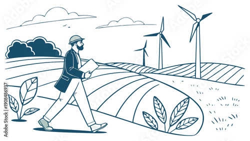 Bearded Man Walking Through Cultivated Field Towards Wind Turbines with Clipboard, Monochrome Line Art, Three wind turbines, trees, and clouds are in the background.
