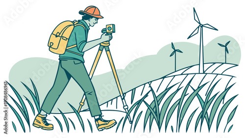 Land Surveyor Carrying Total Station Tripod at Wind Farm Vector Illustration, land surveyor wearing a backpack and hard hat, carrying a tripod mounted with survey equipment, GNSS GPS Pole