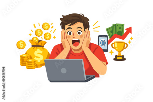 A man astonished, embodying the thrill of an unforeseen major prize win or substantial online earnings