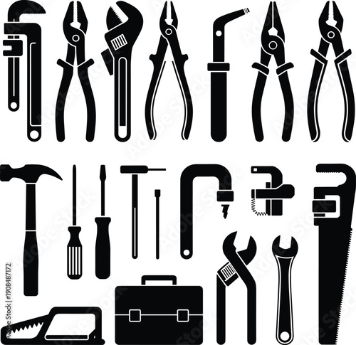 Professional Hand Tool Icon Set Featuring Hammer Screwdrivers Pliers Wrenches Saws and Toolbox Silhouettes for Construction DIY Maintenance and Hardware Branding