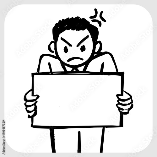 Angry Protester Character Illustration. Hand-Drawn Person Holding a Blank Sign Board Representing Protest and Social Demands.
