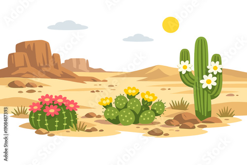 Surprisingly, cactus blossoms emerge in a sprawling, dry desert expanse