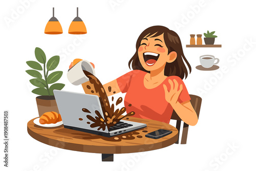 A young woman erupts in laughter, accidentally splashing coffee onto her laptop amid a delightful café setting