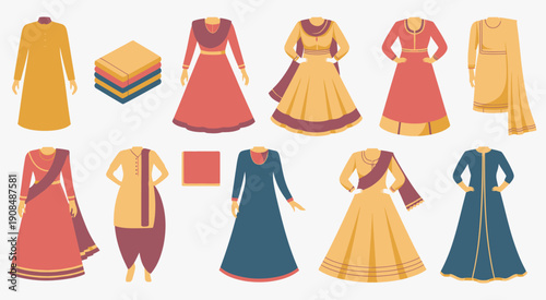 Traditional South Asian dresses set, diverse collection for women, sarees, salwars, kurtas, vibrant colors, cultural attire, ethnic fashion vector illustration set