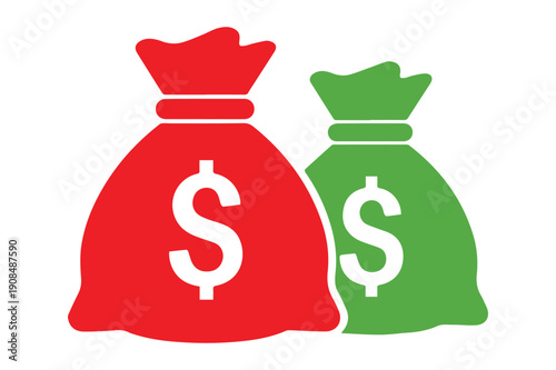 Two contrasting money bags symbolizing financial balance and trade. Vector, illustration