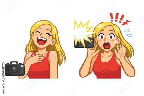 A young blonde woman, laughing heartily on camera, looks suddenly startled when an unexpected flash occurs