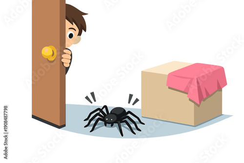 A fake spider strategically placed to shock and surprise someone unexpectedly