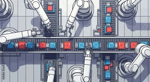 Directly above view of industrial robots on automated production line