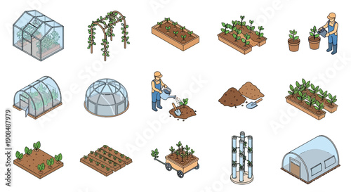Isometric gardening elements including greenhouses plants and a gardener