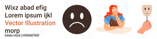 Mental health, emotional expression, identity, hidden feelings, self-reflection, coping. A sad face, a thinking woman and a mask emotions and hidden identities. Mental health and emotional