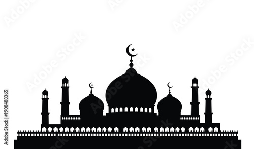Black silhouette of a mosque with crescent moon and stars on white background for Ramadan and Eid design.”