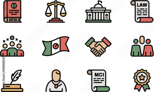 Law and Justice Flat Outline Icons Set Vector Illustration for Legal and Government Themes