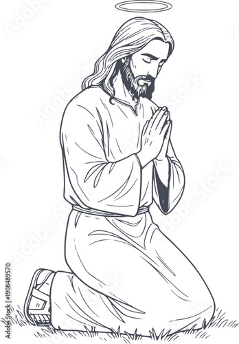 hand drawn style illustration of jesus christ praying kneeling on grass with halo, black fill lines without white fills for easy overlay on any background