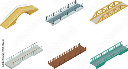Isometric flat vector illustration set of various architectural bridge designs including wooden, stone, and modern steel structures, cad drawing, isolated on white