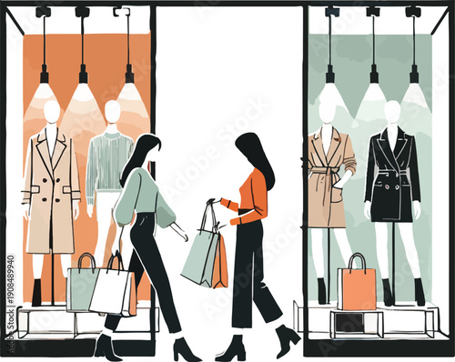 Shoppers Looking at Mannequins in Store Window Display