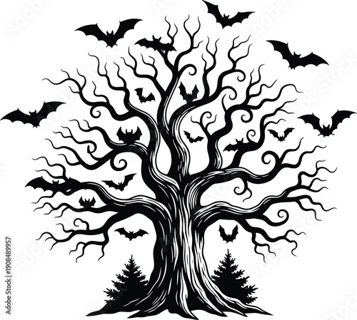 Spooky Halloween Tree Silhouette Vector with Creepy Gnarled Branches and Flying Bats Design Isolated on White Background for Gothic Horror Party Invitations and Decorations