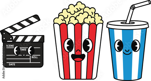 Cartoon movie clapperboard popcorn bucket and soda cup with faces cinema film