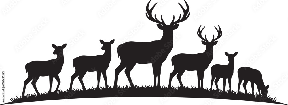 Fototapeta premium Black silhouette herd of deer including a large stag with antlers standing on grassy ground against a white background also transparent background