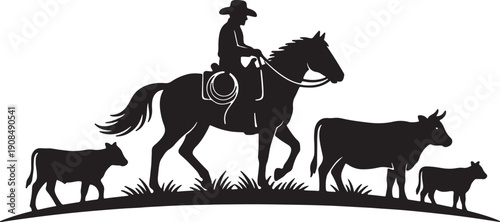 Black silhouette of a cowboy on horseback herding cattle across a grassy landscape also transparent background