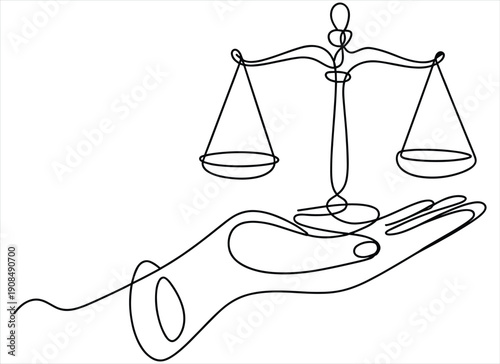 Single Line Drawing of Scales of Justice Held by Hand, Legal Concept
