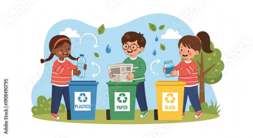 Children recycling paper plastic and glass in colorful bins outdoors
