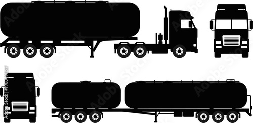 Black Tanker Truck and Semi Trailer Silhouettes Including Side and Front View Vectors for Fuel Oil Chemical Logistics and Industrial Freight Transportation Branding