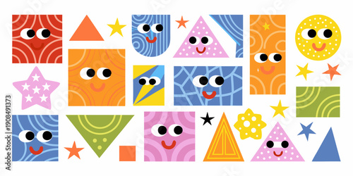 Colorful geometric shapes with cartoon faces arranged in a playful pattern