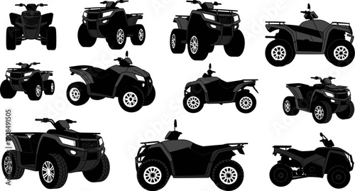 Collection of All Terrain Vehicle ATV Quad Bike Silhouettes in Various Perspectives and Angles Isolated on White Background for Off Road Motorsport Graphic Design