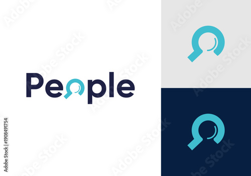people recruitment wordmark logo with a combination of human and magnifying glass vector. Business partner recruitment logo design.