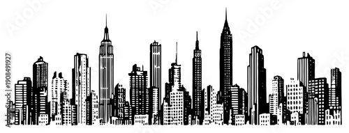 Detailed hand drawn ink sketch of the New York City skyline with iconic skyscrapers