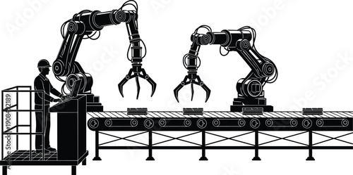 Black silhouette industrial robotics assembly line featuring automated arms and a technician operator on a factory floor for smart manufacturing and futuristic industry concepts