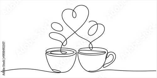 Two coffee cups with steam forming hearts, minimalist line art stock media
