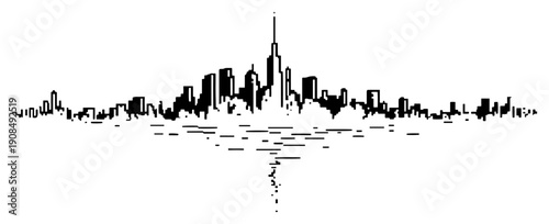 Abstract minimalist city skyline with water reflection in black and white vector style