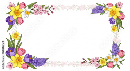 Colorful floral border frame with flowers and leaves on white background for decoration