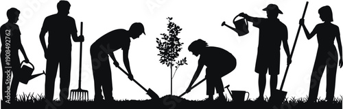 Diverse Group of People Silhouettes Planting a Tree and Gardening Together Using Shovels Rakes and Watering Cans for Environmental Conservation and Community Volunteerismt