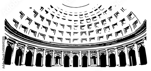 Hand drawn interior view of a classical dome with coffered ceiling and columns
