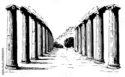 Perspective view of a classical colonnade with ancient stone pillars in black and white illustration
