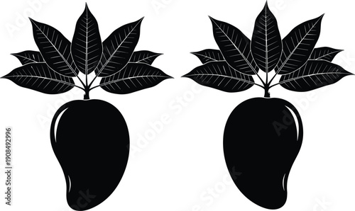 Mango fruit silhouette set with tropical leaves and whole fresh fruits for exotic food nature botanical garden summer dessert collection