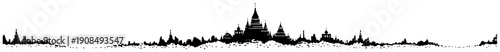 Detailed panoramic silhouette of an oriental temple city with pagodas and stupas in stipple vector style