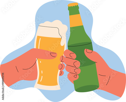 Two hands clinking a foaming glass of beer and a green glass bottle in a celebratory toast, cad drawing flat vector illustration