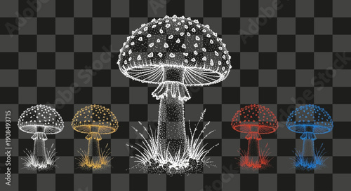 Fly Agaric Fungi Stippling Sketch Drawing Dot Work Illustration White Gold Red Blue Vector Graphic