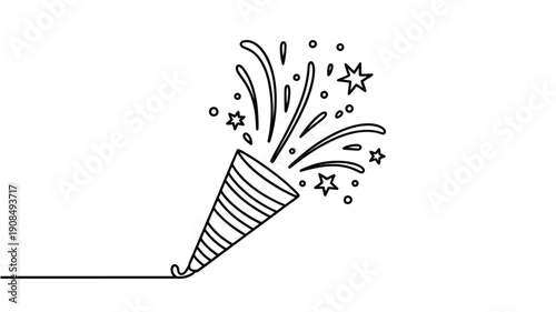 A simple line drawing of a party popper with celebratory stars