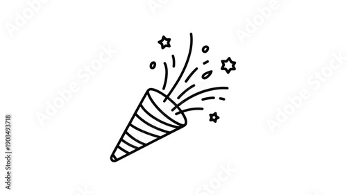Simple line drawing of a party popper with scattered stars and confetti