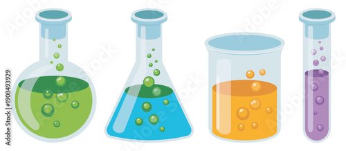 Laboratory glassware with colorful liquids, chemistry experiment setup, beakers, flasks, test tubes filled with vibrant solutions, science education vector illustration