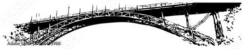 Detailed arch bridge with complex truss structure in vintage woodcut or linocut graphic style