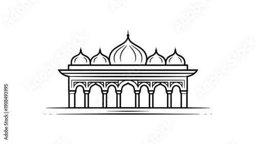 Linear illustration of a traditional indian or islamic architectural structure