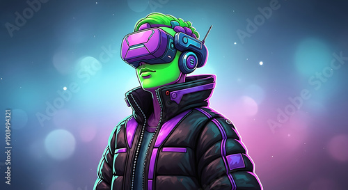 A green skinned person wearing a vr headset and a jacket in a futuristic setting with bokeh lights