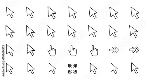 Mouse Cursor Icons Set – Arrow Pointer Outline, Solid and Pixel Vector UI Icons